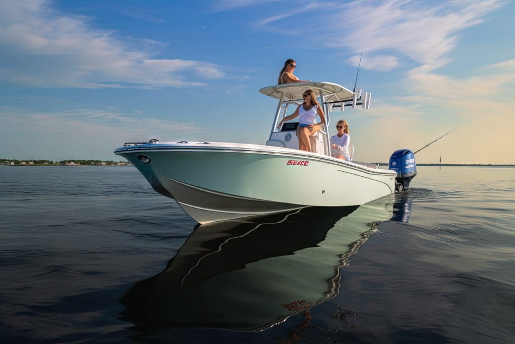 Center-console-boat-on-water-three-mena_candid_photo_taken_of_A_family_enj-standard-scale-t_A_young_woman_confidently_steering_a_34_foot_-art-scale-