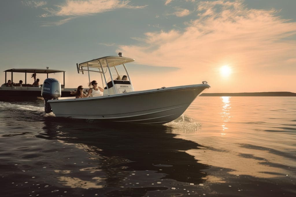 Center-console-boat-on-water-three-mena_candid_photo_taken_of_A_family_enj-standard-scale-t_A_young_woman_confidently_steering_a