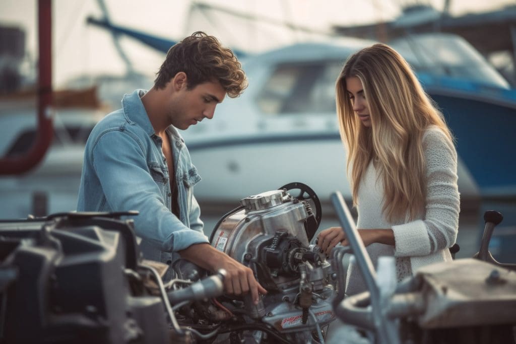 preowned-outboards-for-sale-candid-shot-young-couple-inspecting-outboard-motor-on-boat-for-sale