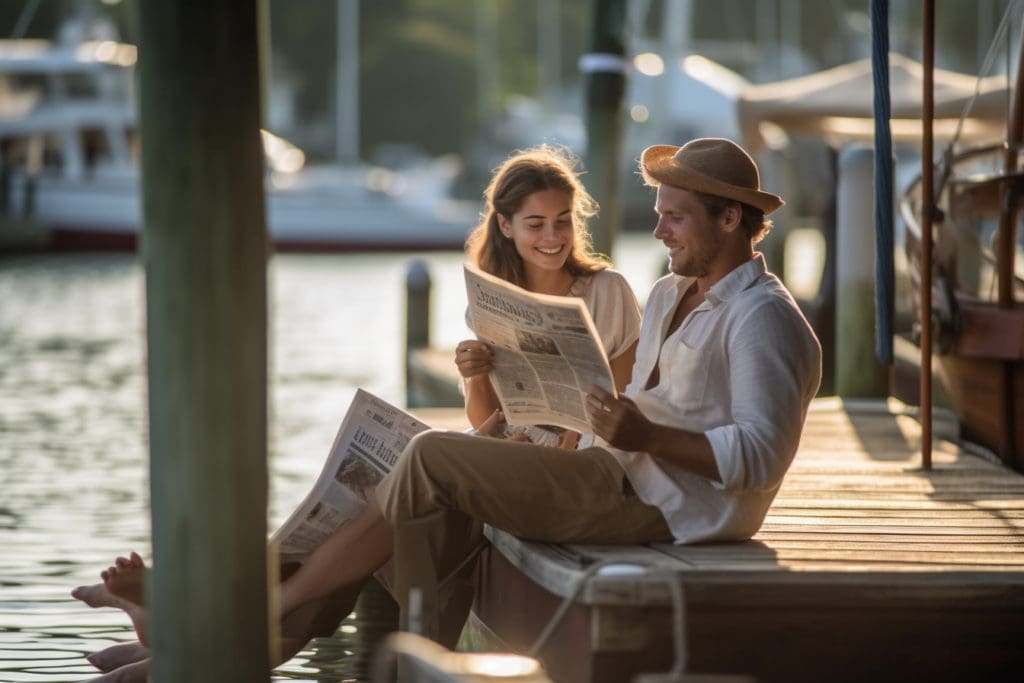 preowned-outboards-for-sale-candid-shot-young-couple-on-dock-reading-newspaper