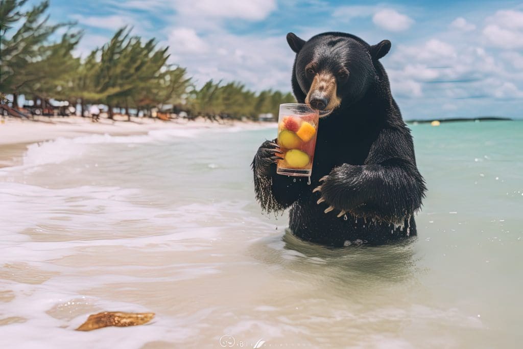 folrida-beach-bear-chilling-with-drink-in-water-photo