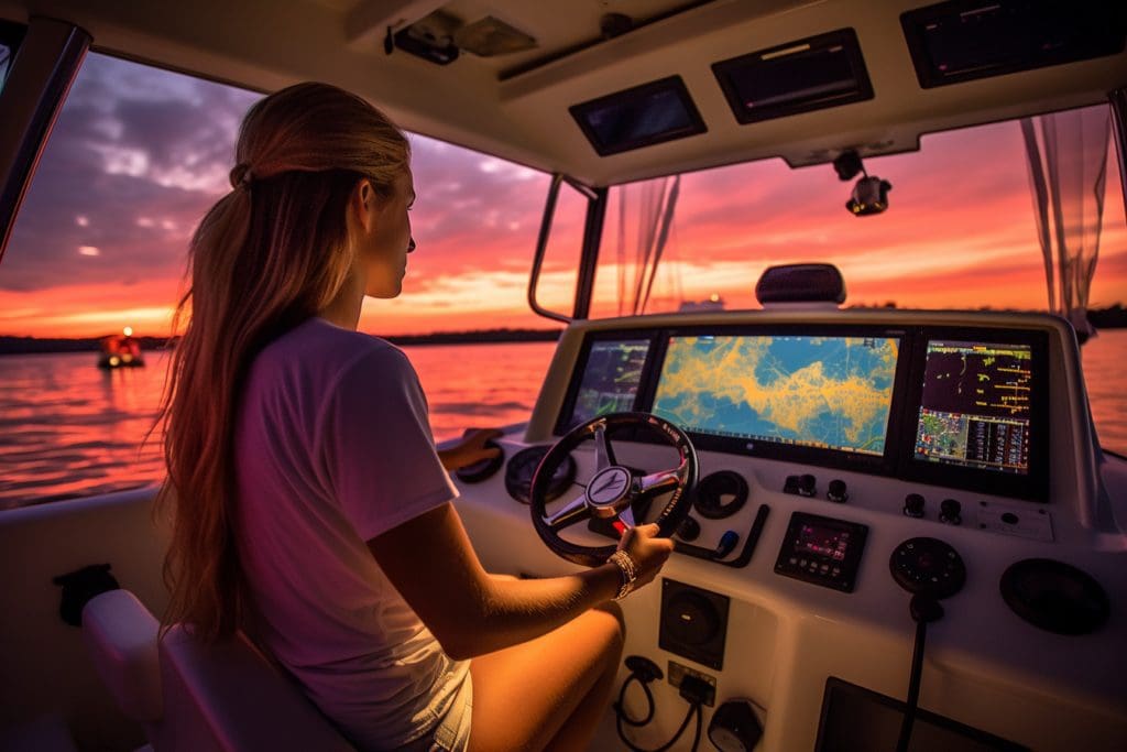 simrad-gps_college_girl_driving_friends_home_on_boat_in_caymas-boat