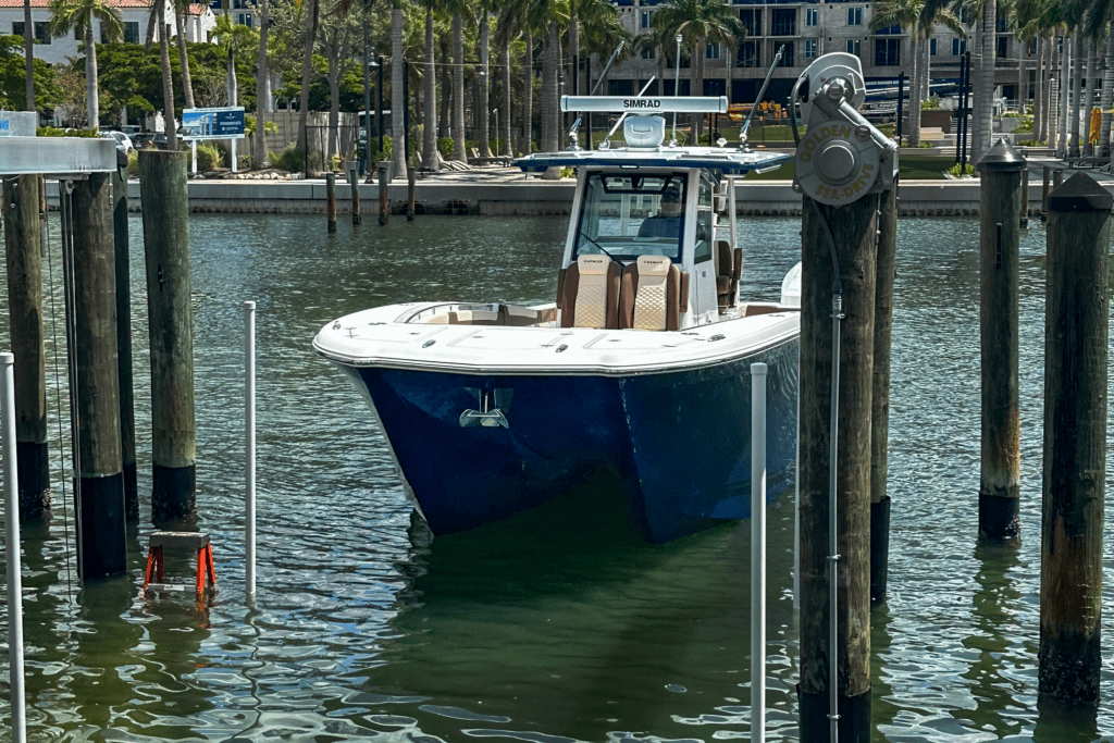 Caymas-34ct-catamaran-client-delivery-boat-on-water-in-dock