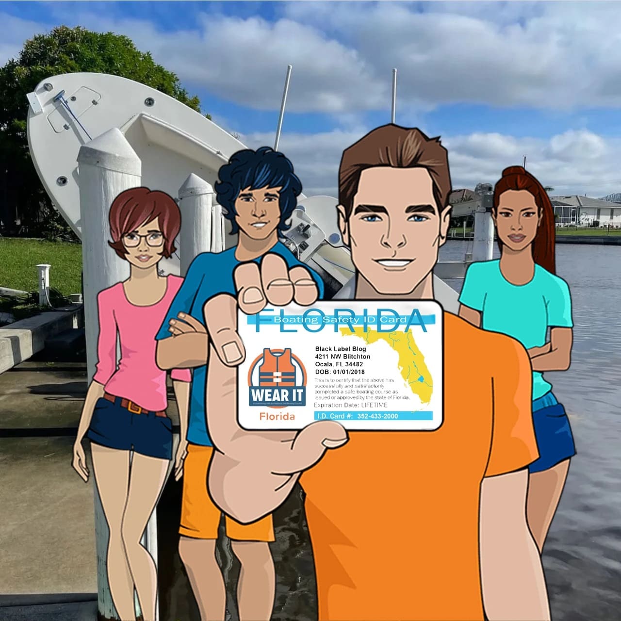 cartoon of people holding up boat license